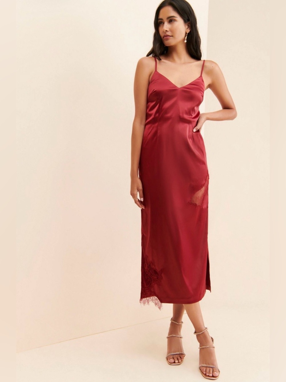 Allina Liu Red Satin Midi Slip Dress with Lace Accent Size 2